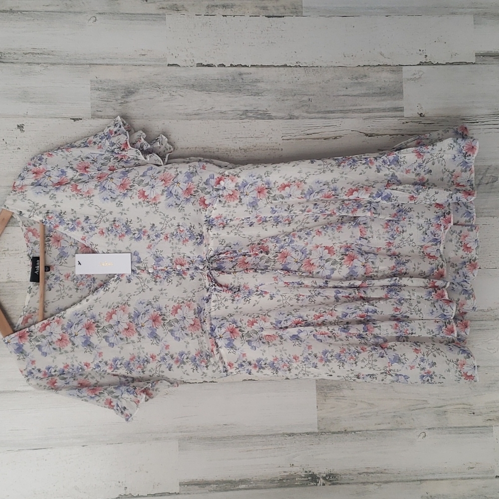 Floral print cottagecore silver threaded partially lined ruffle dress Size Small